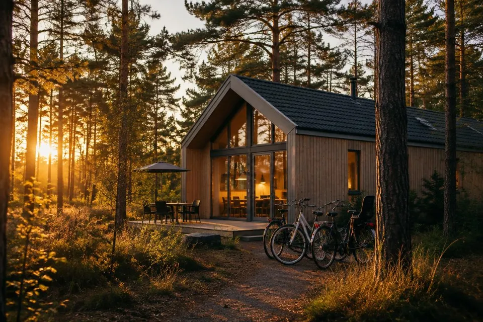Sfeerillustratie van een vakantiehuis in een bos met fietsen op het terras