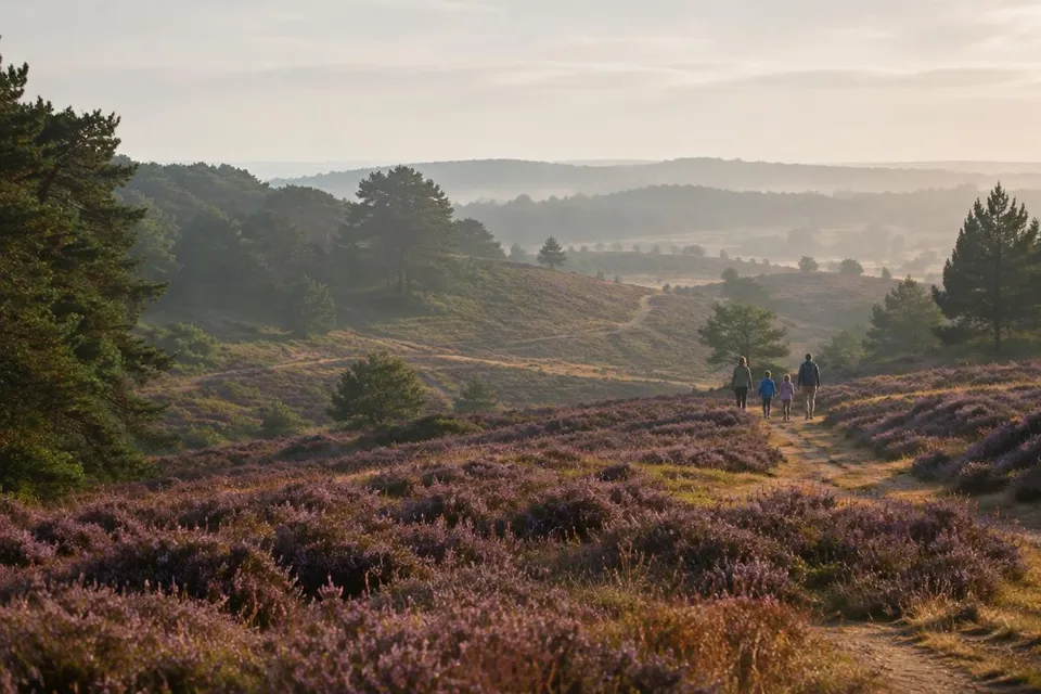 Sfeerillustratie van een gezin op een wandelpad tussen heide en bos