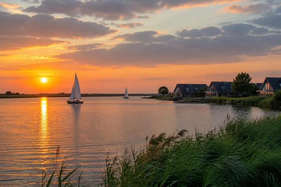Sfeerillustratie van een meer met zeilboten en vakantiehuizen aan de oever